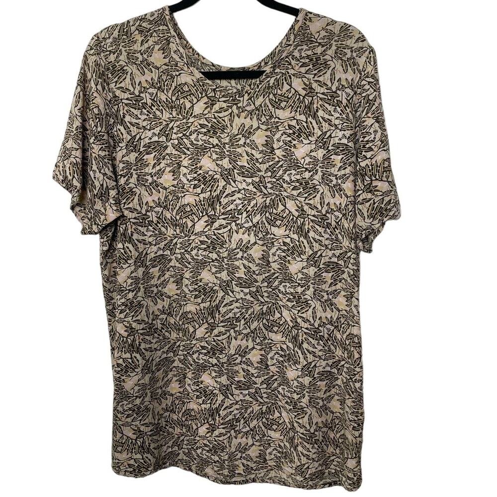 Vintage FLAX Joanne Engelhart Tunic Blouse Botanical Leaves Vtg Cream Brown S